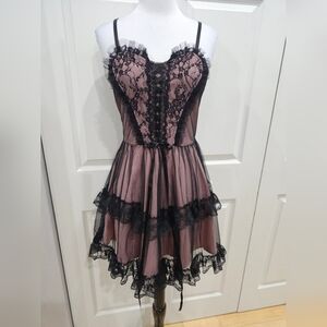 Dolls Kill Goth Dark In Love Strapless Tiered Black Lace Pink Blush Mini Dress S